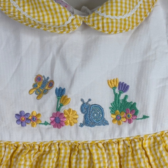 VTG 90s Samara Dress 24M Embroidered Snail Yellow Gingham Cottage Collared Twee - Picture 2 of 7